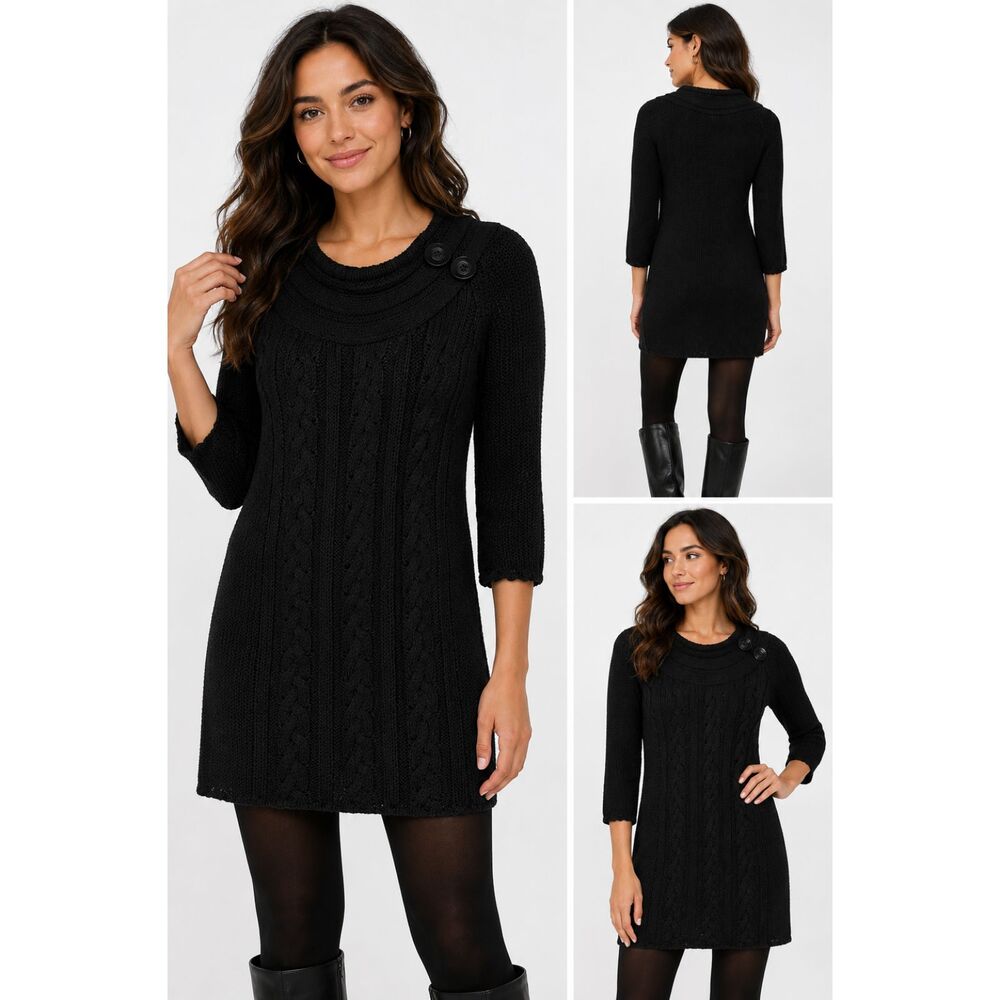American Rag Sweater Dress Black Cable Knit Button Shoulder Tunic Size S